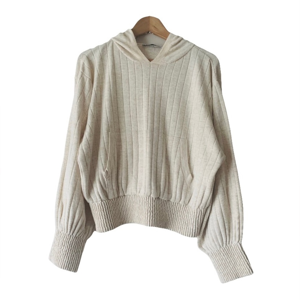 Zara Ribbed Hooded Boxy Sweater Women Sz M Beige Minimalist Neutral